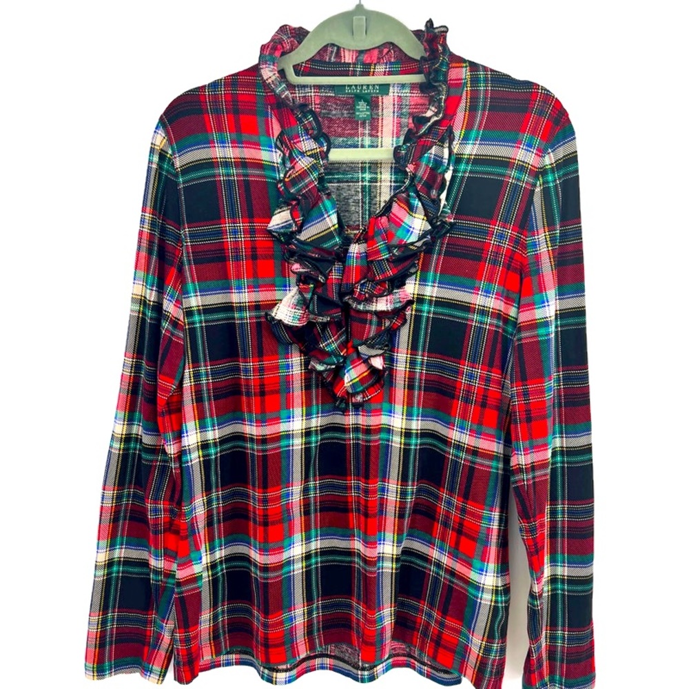 Lauren Ralph Lauren Blouse Tartan Plaid Ruffles Size Large Red Green Blue White